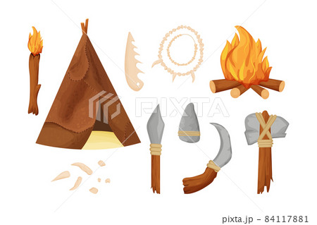 Stone age set with barbarian hut, necklace from bones, tools and weapon from rock and wooden sticks, fireplace in cartoon style isolated on white background stock vector illustration. 84117881