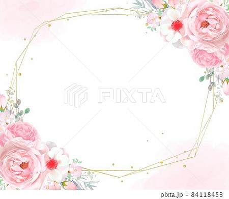 可憐なピンク系のバラの花とリーフのゴールド横むきフレームベクターイラスト素材 84118453