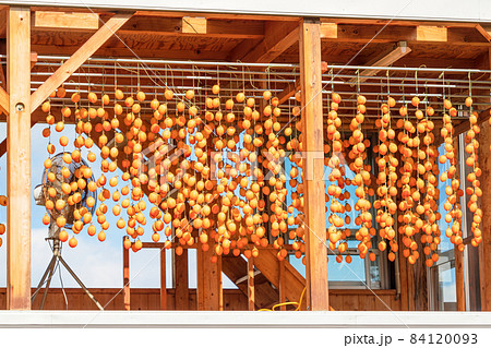 〈島根県〉干し柿の里　干し柿　オレンジ色の柿すだれ 84120093