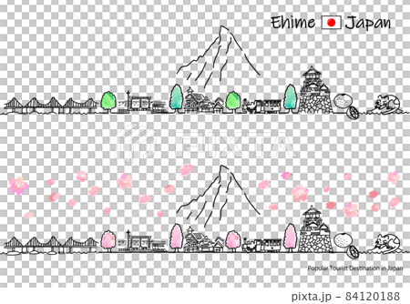 Spring Ehime Prefecture sightseeing spot cityscape simple line drawing set Spring Ehime Prefecture sightseeing spot cityscape simple line drawing set 84120188