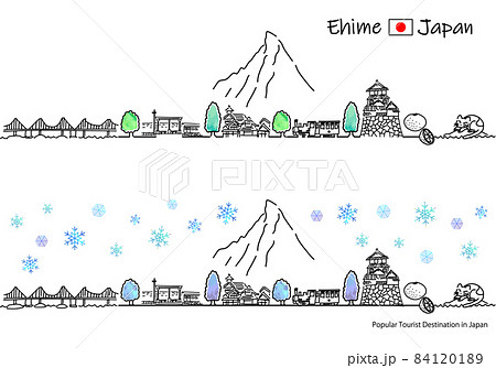 冬の愛媛県の観光地の街並みシンプル線画セット 84120189