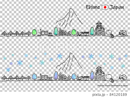 冬の愛媛県の観光地の街並みシンプル線画セット 84120189