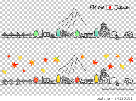 秋の愛媛県の観光地の街並みシンプル線画セット 84120191