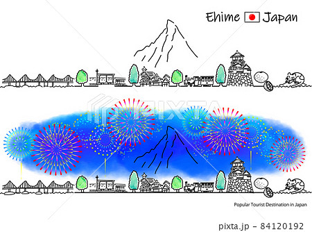 愛媛県の観光地の街並みと花火のシンプル線画セット