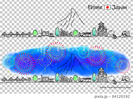 Simple line art set of fireworks and cityscape of sightseeing spots in Ehime prefecture Simple line art set of fireworks and cityscape of sightseeing spots in Ehime prefecture 84120192