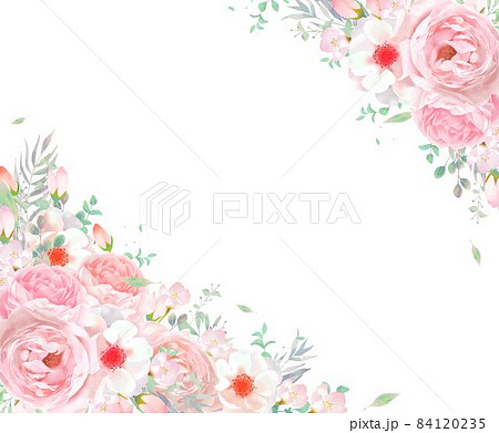 優しい色使いのピンク系のバラの花とリーフのフレームベクターイラスト素材 84120235