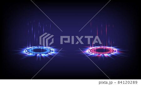 Sci-fi digital high-tech collection in glowing HUD. Hologram portal of science futuristic. Magic warp gate in game fantasy. 3D Shining technology. Circle teleport podium. GUI, UI virtual reality users 84120289