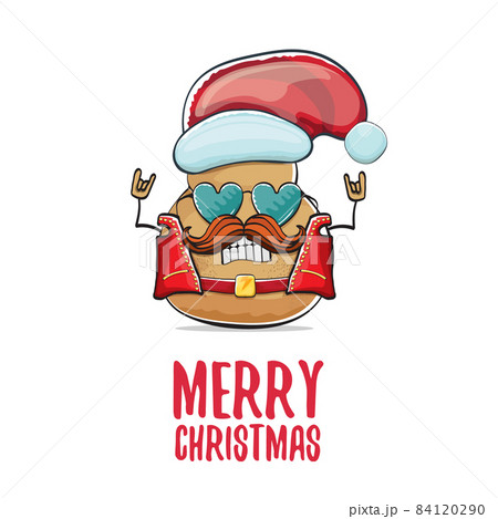 vector rock star Santa potato funny cartoon cute character with red Santa hat and calligraphic merry Christmas text isolated on white background. rock n roll Christmas party poster 84120290
