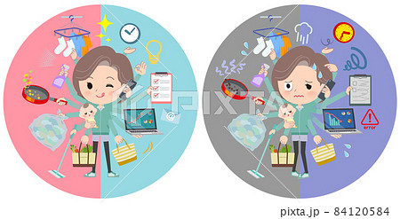 オフィスとプライベートでマルチタスクをこなす青緑ジャージ中年女性のセット オフィスとプライベートでマルチタスクをこなす青緑ジャージ中年女性のセット 84120584