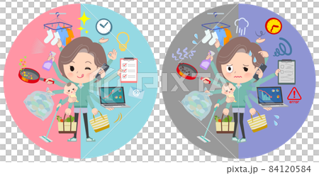 オフィスとプライベートでマルチタスクをこなす青緑ジャージ中年女性のセット オフィスとプライベートでマルチタスクをこなす青緑ジャージ中年女性のセット 84120584