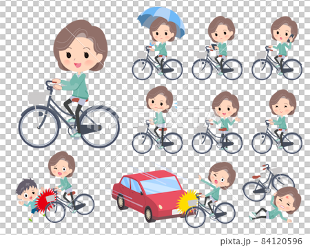 A set of middle-aged women in a blue-green jersey riding a city cycle 84120596