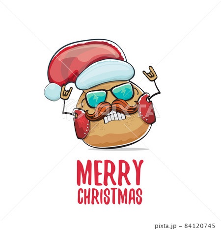 vector rock star Santa potato funny cartoon cute character with red Santa hat and calligraphic merry Christmas text isolated on white background. rock n roll Christmas party poster vector rock star Santa potato funny cartoon cute character with red Santa hat and calligraphic merry Christmas text isolated on white background. rock n roll Christmas party poster 84120745