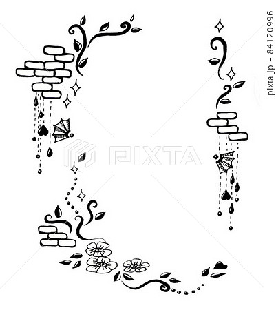 Graphic illustrative frame for inscriptions and invitations inked pattern of bricks beads stems and flowers Graphic illustrative frame for inscriptions and invitations inked pattern of bricks beads stems and flowers 84120996