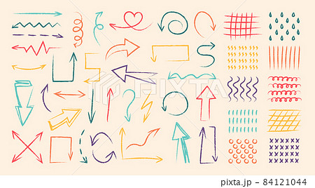 Colorful doodle arrows. Children pencil drawing of direction arrows and abstract minimalistic patterns, curly and wave orientation pointers. Vector illustrations navigation various directional pointer Colorful doodle arrows. Children pencil drawing of direction arrows and abstract minimalistic patterns, curly and wave orientation pointers. Vector illustrations navigation various directional pointer 84121044