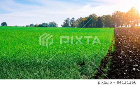 Tractor agriculture. Agriculture farm machinery on landscape land field. Farmer machine equipment for crop. Landscape tractor concept. 84121266