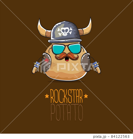 vector rock star potato funny cartoon cute character with viking helmet, leather jacket, sunglasses and moustache isolated on brown background. rock n roll hipster vegetable funky character 84122563