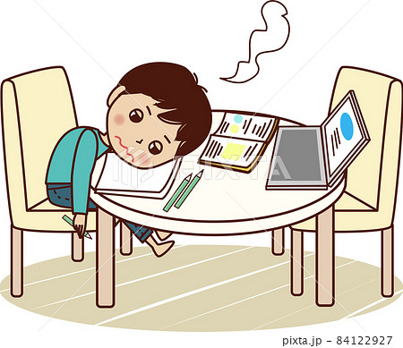 勉強をしながら、机にうつ伏せになりため息をつく若い男性。 勉強をしながら、机にうつ伏せになりため息をつく若い男性。 84122927