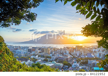 Kagoshima city downtown skyline cityscape  with Sakurajima Volcano in Kyushu, Japan 84122952