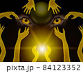 Art in yellow and black tones with female hands wolf eyes light spiritual and mystical 84123352