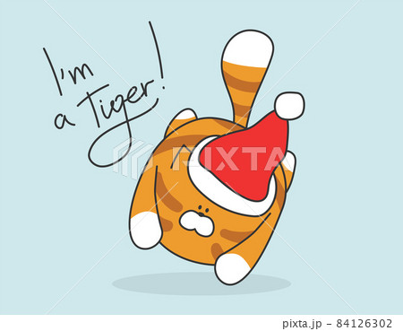 Fun cartoon tiger vector illustration. Happy Chinese New Year. Cute cat in santa hat design for holiday. 84126302