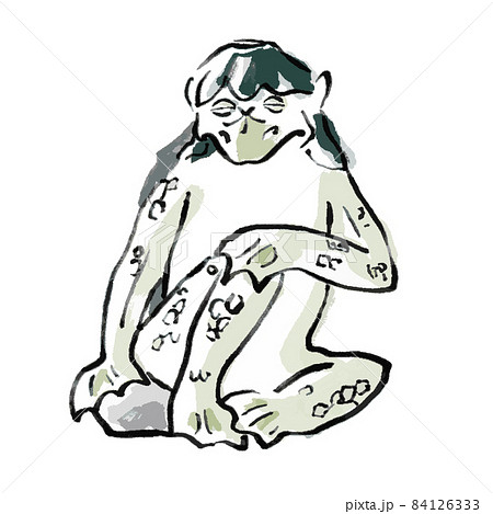 毛筆の和風イラスト・座る河童の全身　妖怪　筆絵　墨筆　ラフ　ゆるい　シンプル　カラー　伝説の生き物 84126333