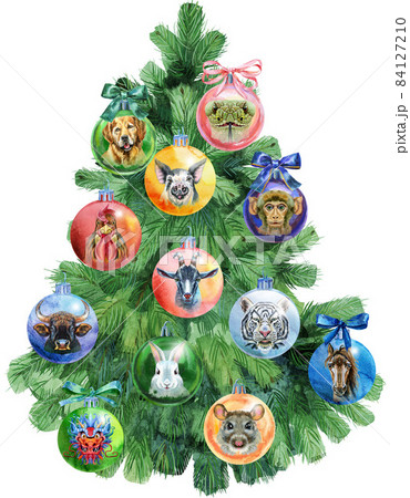 Watercolor illustration Christmas tree decorated with Christmas balls. 84127210