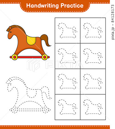 Handwriting practice. Tracing lines of Rocking Horse. Educational children game, printable worksheet, vector illustration Handwriting practice. Tracing lines of Rocking Horse. Educational children game, printable worksheet, vector illustration 84128173