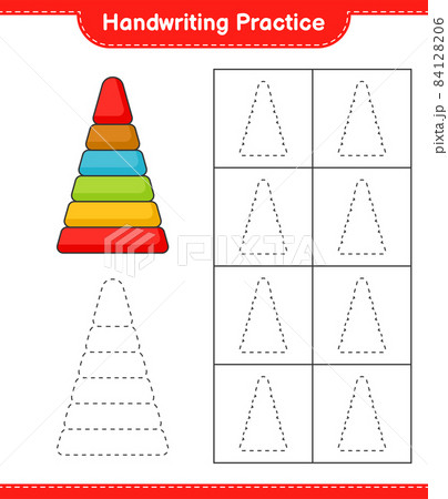 Handwriting practice. Tracing lines of Pyramid Toy. Educational children game, printable worksheet, vector illustration 84128206