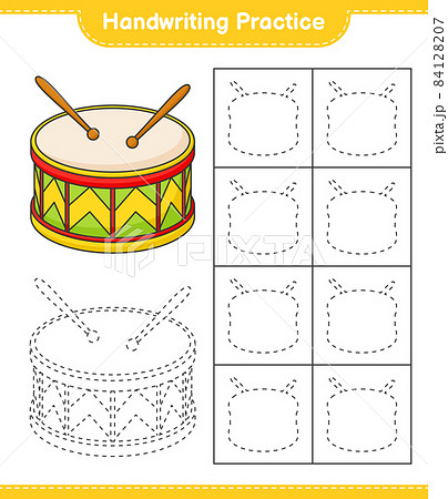 Handwriting practice. Tracing lines of Drum. Educational children game, printable worksheet, vector illustration 84128207