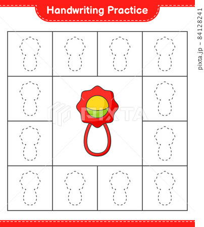 Handwriting practice. Tracing lines of Baby Rattle. Educational children game, printable worksheet, vector illustration Handwriting practice. Tracing lines of Baby Rattle. Educational children game, printable worksheet, vector illustration 84128241