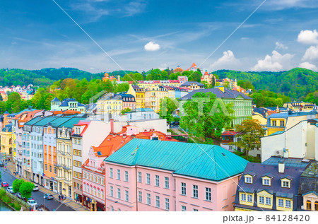 Karlovy Vary Carlsbad historical city centre aerial view with Tepla river embankment 84128420