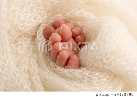Legs, toes, feet and heels of a newborn baby. Wrapped in a white knitted blanket 84128796