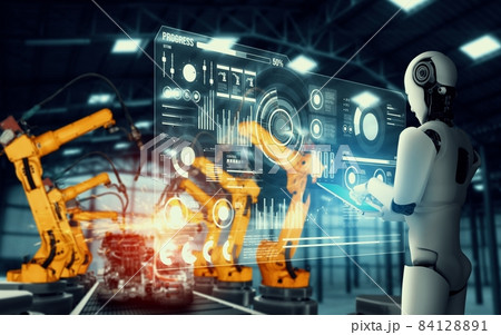 Mechanized industry robot and robotic arms for assembly in factory production . Mechanized industry robot and robotic arms for assembly in factory production . 84128891