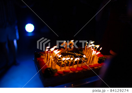 Happy Birthday 33. Cake with candles. blue background. Happy Birthday 33. Cake with candles. blue background. 84129274