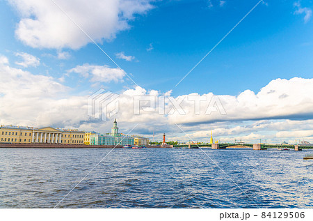 Cityscape of Saint Petersburg Leningrad city with Palace Bridge bascule bridge across Neva river 84129506