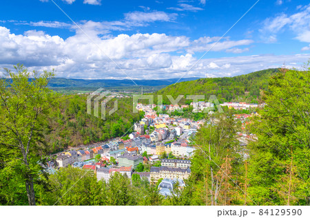 Karlovy Vary Carlsbad historical city centre top aerial view with colorful beautiful buildings 84129590