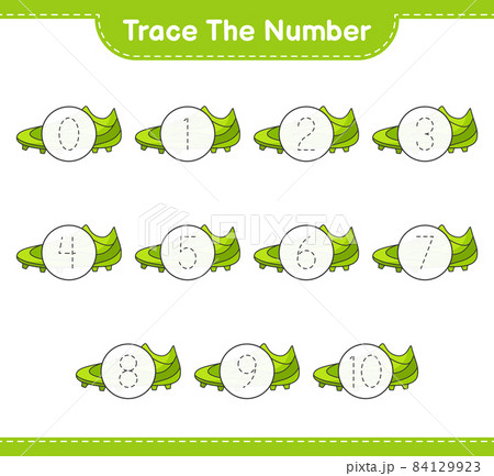 Trace the number. Tracing number with Soccer Shoes. Educational children game, printable worksheet, vector illustration Trace the number. Tracing number with Soccer Shoes. Educational children game, printable worksheet, vector illustration 84129923