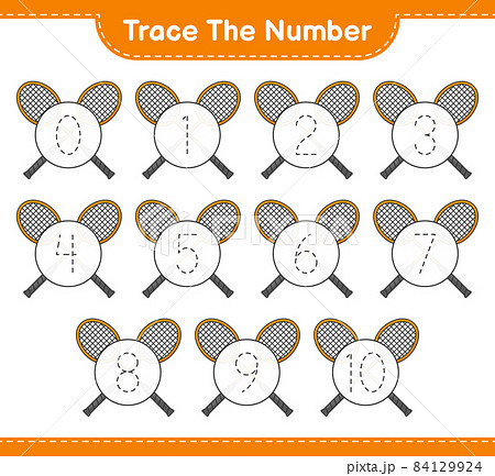 Trace the number. Tracing number with Badminton Rackets. Educational children game, printable worksheet, vector illustration 84129924