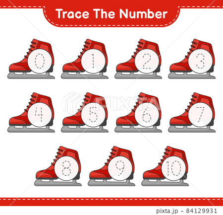 Trace the number. Tracing number with Ice Skates. Educational children game, printable worksheet, vector illustration Trace the number. Tracing number with Ice Skates. Educational children game, printable worksheet, vector illustration 84129931