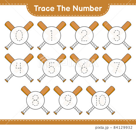 Trace the number. Tracing number with Baseball Bat. Educational children game, printable worksheet, vector illustration 84129932