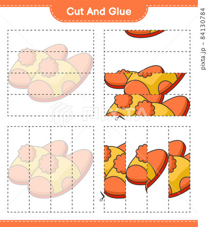 Cut and glue, cut parts of Slippers and glue them. Educational children game, printable worksheet, vector illustration Cut and glue, cut parts of Slippers and glue them. Educational children game, printable worksheet, vector illustration 84130784