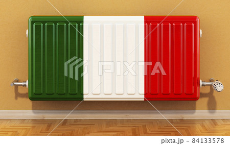 Heating radiator with Italian flag on the wall. Heating in Italy. 3D rendering 84133578