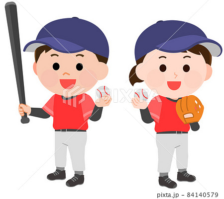 野球をする男の子と女の子 立つポーズ イラストのイラスト素材