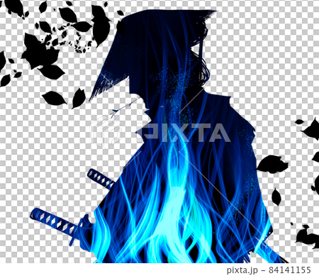 メラメラ燃える心の炎と編笠を被った江戸サムライ役の歌舞伎役者  84141155