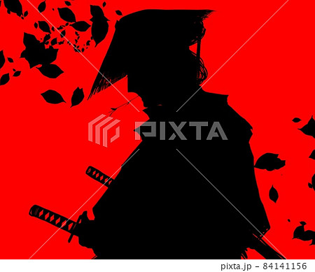 メラメラ燃える心の炎と編笠を被った江戸サムライ役の歌舞伎役者  84141156