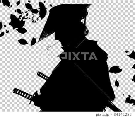 小枝を口に咥えて流離う編笠を被った江戸サムライ役の歌舞伎役者  84141283
