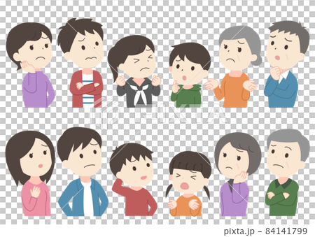 Illustrations of troubled faces and thinking of three generations of family without main line 84141799