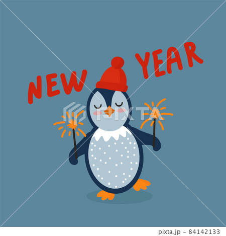 A penguin on a New Year's card. A holiday card with an animal with sparklers. Cartoon illustration with the inscription New Year. 84142133