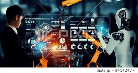 Mechanized industry robot and human worker working together in future factory 84142477