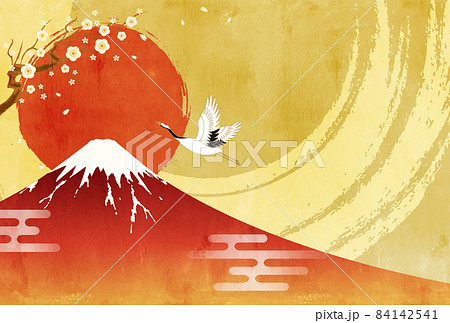 富士山と初日の出と鶴のおめでたい22年年賀状のベクターイラストのイラスト素材